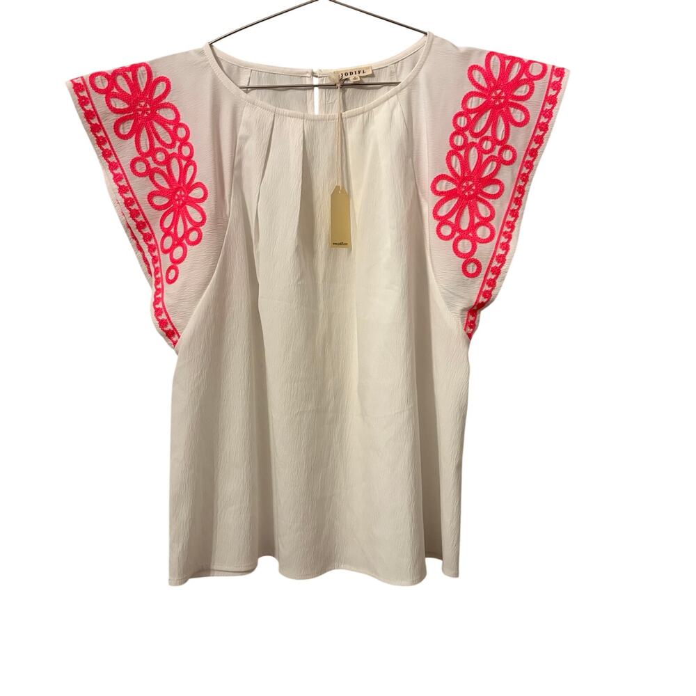 Jodifl White Top with Hot Pink Embroidery Ruffle Sleeves S NEW